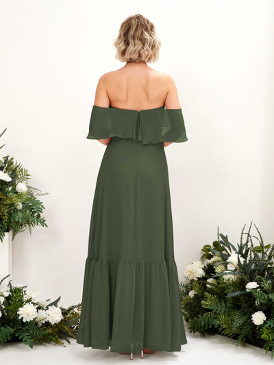 Carlyna Joie A-Line Martini Olive Bridesmaid Dress Maxi Sleeveless Off the Shoulder Dress Back View #color_martini-olive