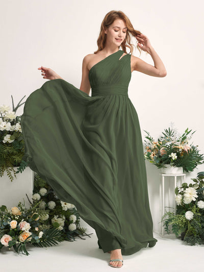 Carlyna Evelyn A-Line Martini Olive Bridesmaid Dress Maxi Sleeveless One Shoulder Dress Side View 2 #color_martini-olive