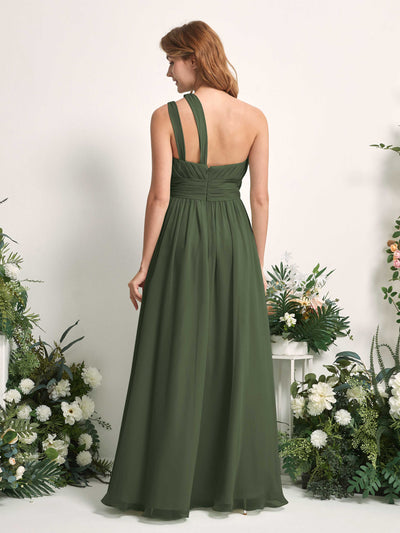 Carlyna Evelyn A-Line Martini Olive Bridesmaid Dress Maxi Sleeveless One Shoulder Dress Back View #color_martini-olive