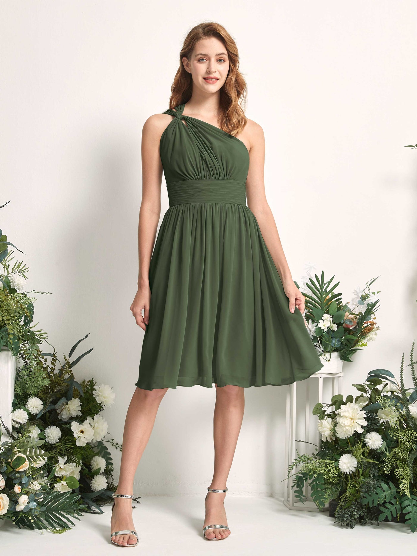 Bridesmaid Dress A-line Chiffon One Shoulder Knee Length Sleeveless Wedding Party Dress - Martini Olive (81221207)#color_martini-olive