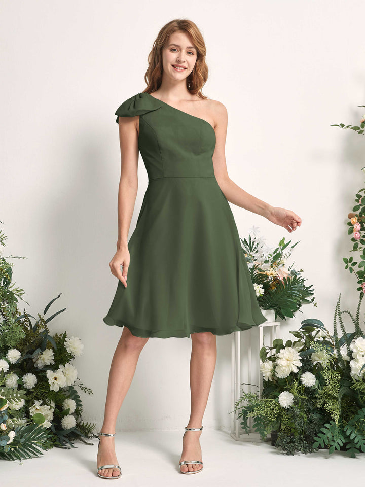 Bridesmaid Dress A-line Chiffon One Shoulder Knee Length Sleeveless Wedding Party Dress - Martini Olive (81227007)