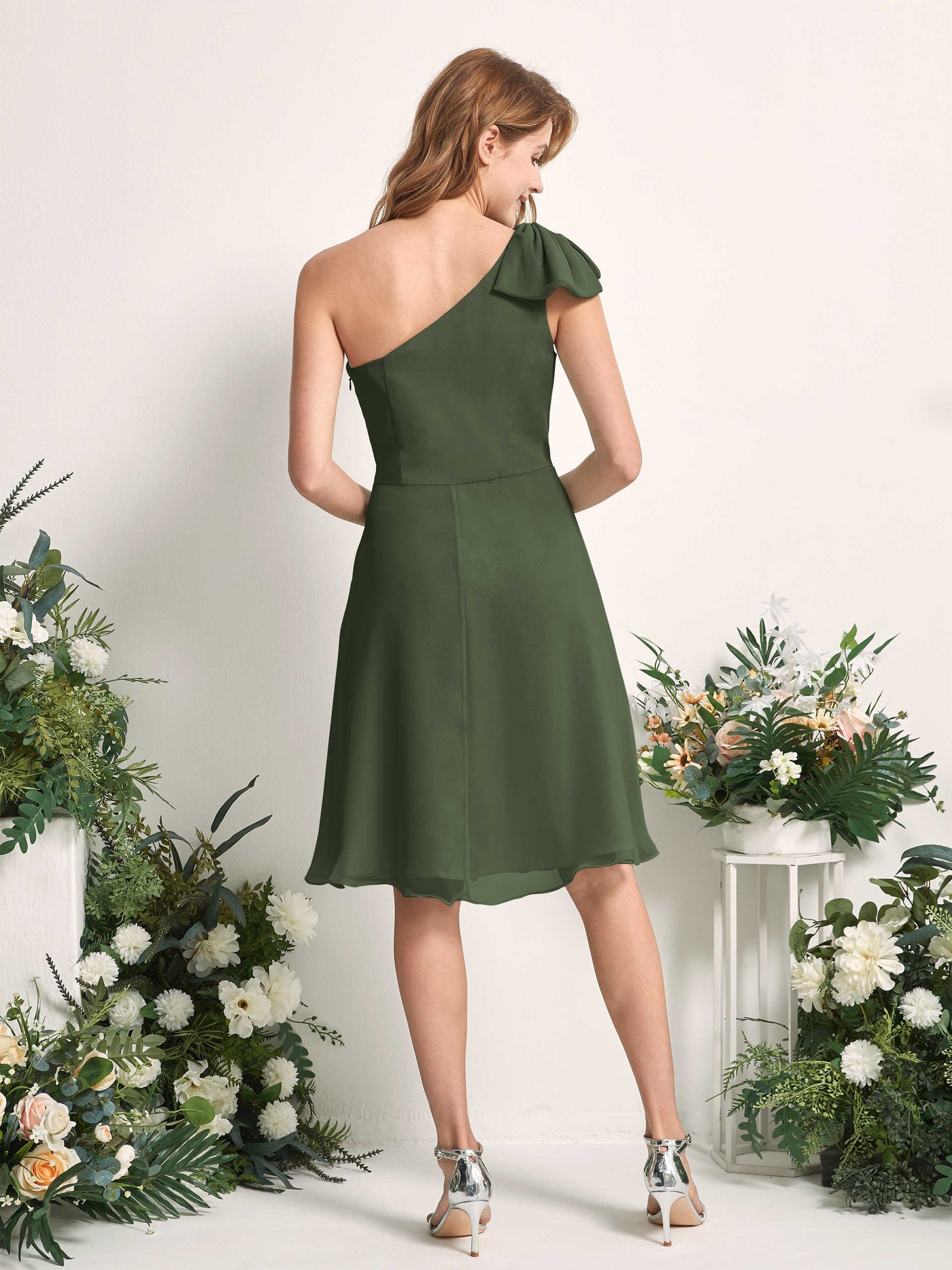 Bridesmaid Dress A-line Chiffon One Shoulder Knee Length Sleeveless Wedding Party Dress - Martini Olive (81227007)#color_martini-olive