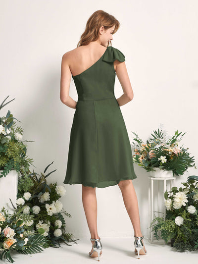 Carlyna Brenda A-Line Martini Olive Bridesmaid Dress Knee-Length Sleeveless One Shoulder Dress Back View #color_martini-olive