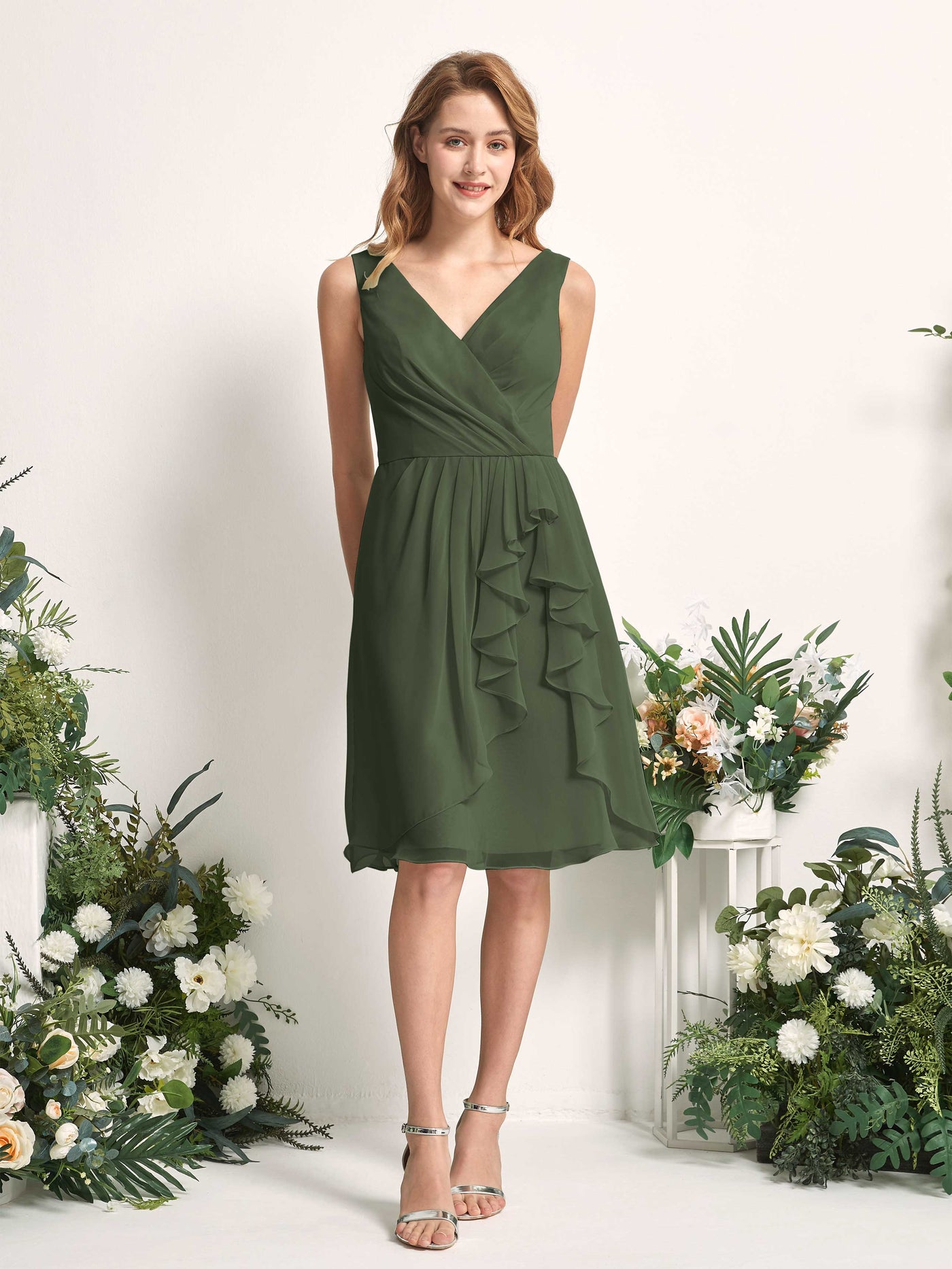 Dusty Blue-Upgrade Chiffon V-Neck Bridesmaid Dress A-Line Knee-Length | Carlyna Dusty Blue-Upgrade Chiffon V-Neck Bridesmaid Dress A-Line Knee-Length | Carlyna