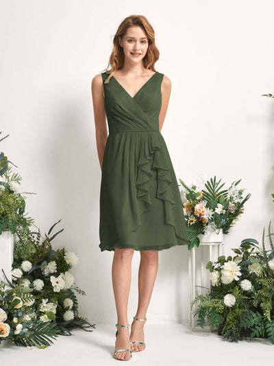 Carlyna Alisha A-Line Martini Olive Bridesmaid Dress Knee-Length Sleeveless V-Neck Dress Front View #color_martini-olive