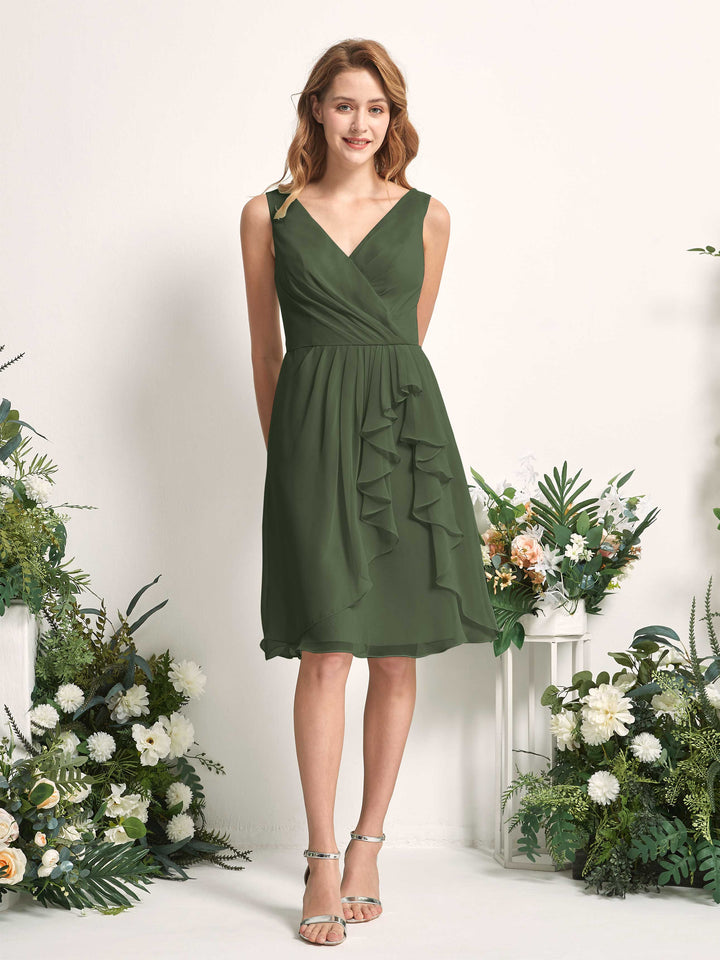 Bridesmaid Dress A-line Chiffon Straps Knee Length Sleeveless Wedding Party Dress - Martini Olive (81226607)