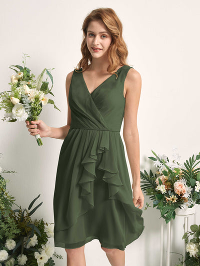 Carlyna Alisha A-Line Martini Olive Bridesmaid Dress Knee-Length Sleeveless V-Neck Dress Side View 2 #color_martini-olive