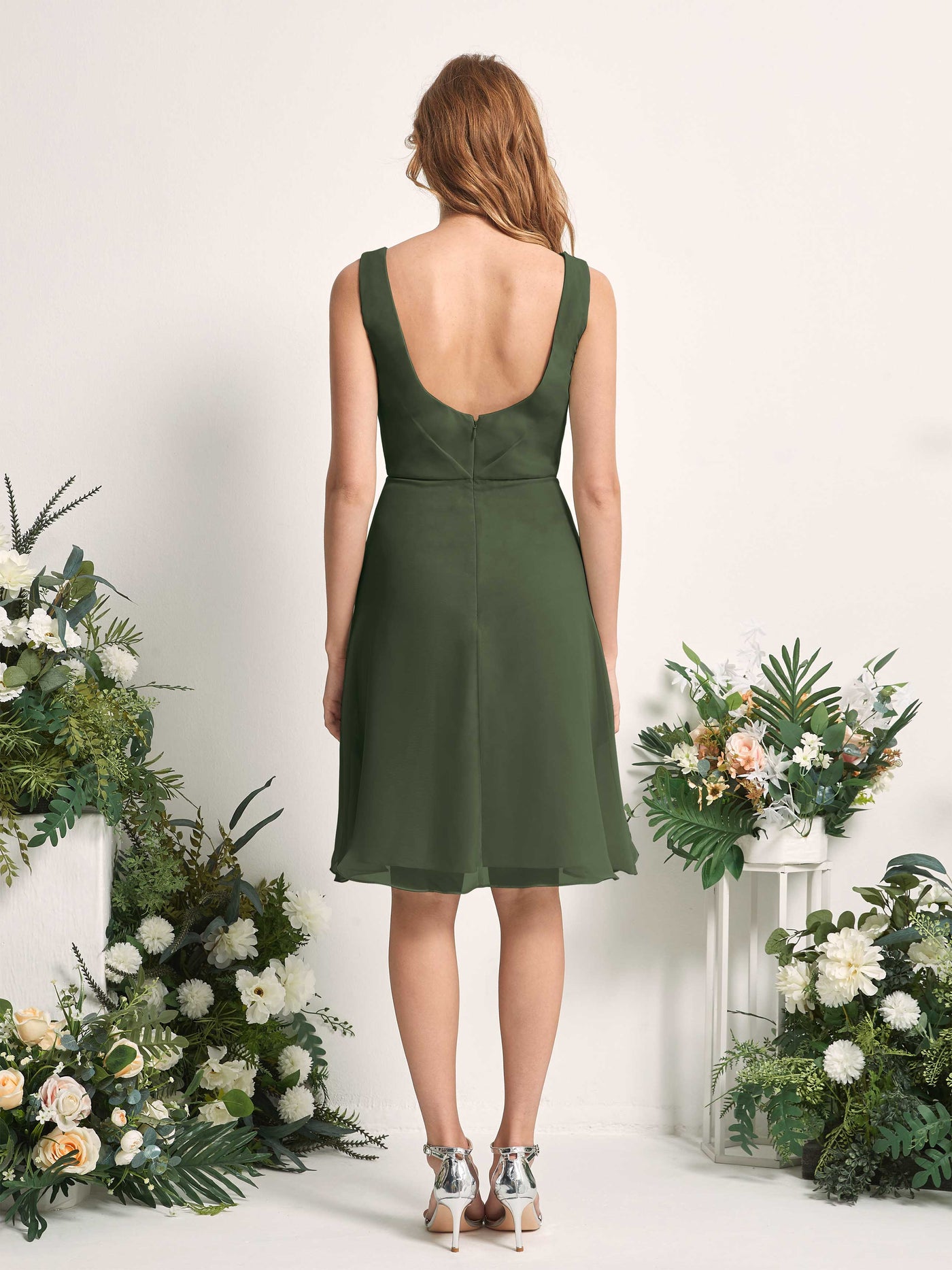 Bridesmaid Dress A-line Chiffon Straps Knee Length Sleeveless Wedding Party Dress - Martini Olive (81226607)#color_martini-olive