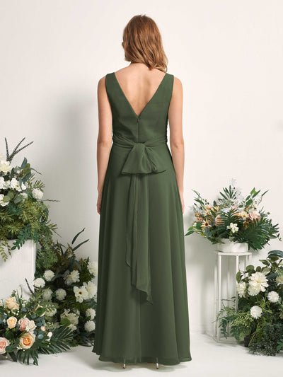Carlyna June A-Line Martini Olive Bridesmaid Dress Maxi Sleeveless V-Neck Dress Back View #color_martini-olive