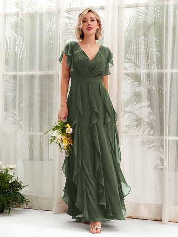 Martini Olive Bridesmaid Dresses Bridesmaid Dress A-line Chiffon V-neck Full Length Short Sleeves Wedding Party Dress (81226007)#color_martini-olive