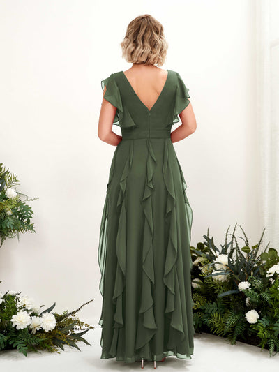 Carlyna Cynthia A-Line Martini Olive Bridesmaid Dress Maxi Cap Sleeve V-Neck Dress Back View #color_martini-olive
