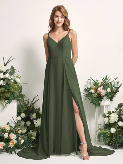Carlyna Marcia A-Line Martini Olive Bridesmaid Dress Maxi Sleeveless V-Neck Dress Front View #color_martini-olive