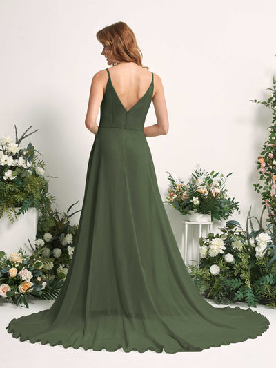 Carlyna Marcia A-Line Martini Olive Bridesmaid Dress Maxi Sleeveless V-Neck Dress Back View #color_martini-olive