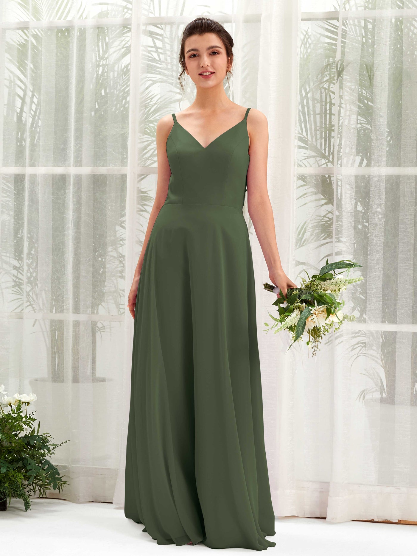 Martini Olive Bridesmaid Dresses Bridesmaid Dress A-line Chiffon Spaghetti-straps Full Length Sleeveless Wedding Party Dress (81220607)#color_martini-olive