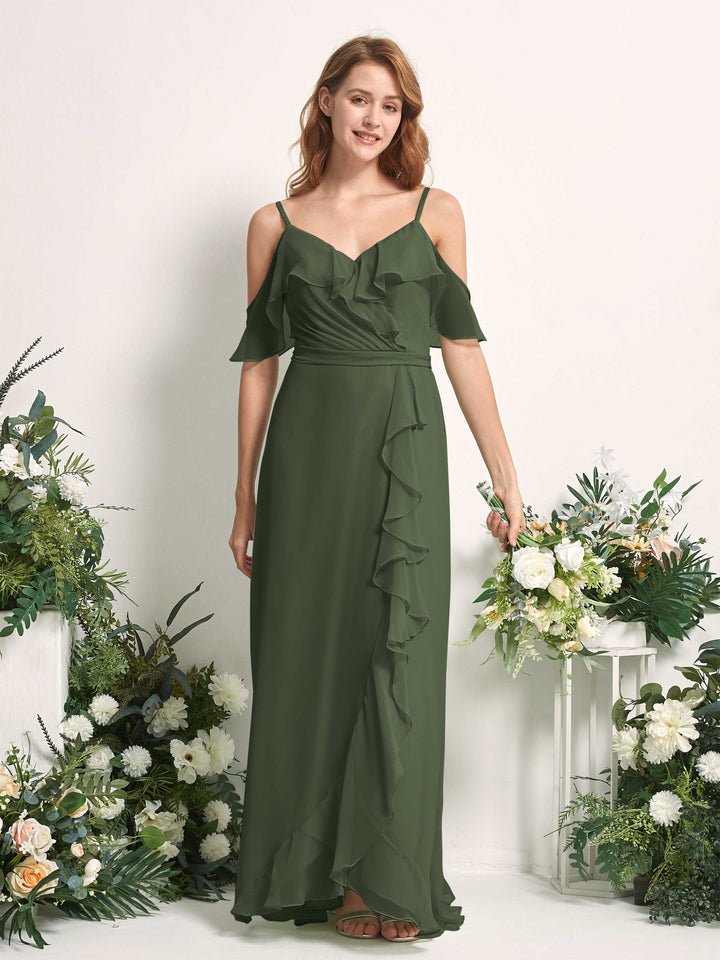 Bridesmaid Dress A-line Chiffon Spaghetti-straps Full Length Sleeveless Wedding Party Dress - Martini Olive (81227407)
