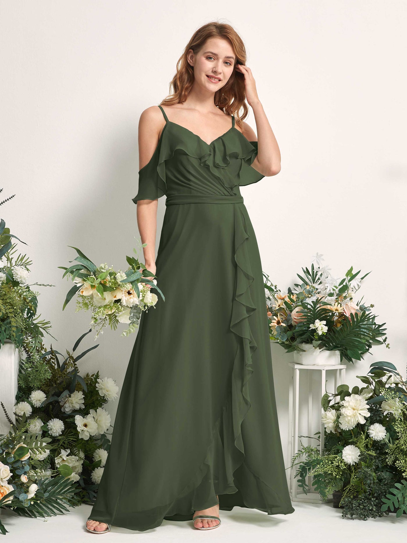 Bridesmaid Dress A-line Chiffon Spaghetti-straps Full Length Sleeveless Wedding Party Dress - Martini Olive (81227407)#color_martini-olive