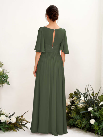 Carlyna Odette A-Line Martini Olive Bridesmaid Dress Maxi Short Sleeve V-Neck Dress Back View #color_martini-olive