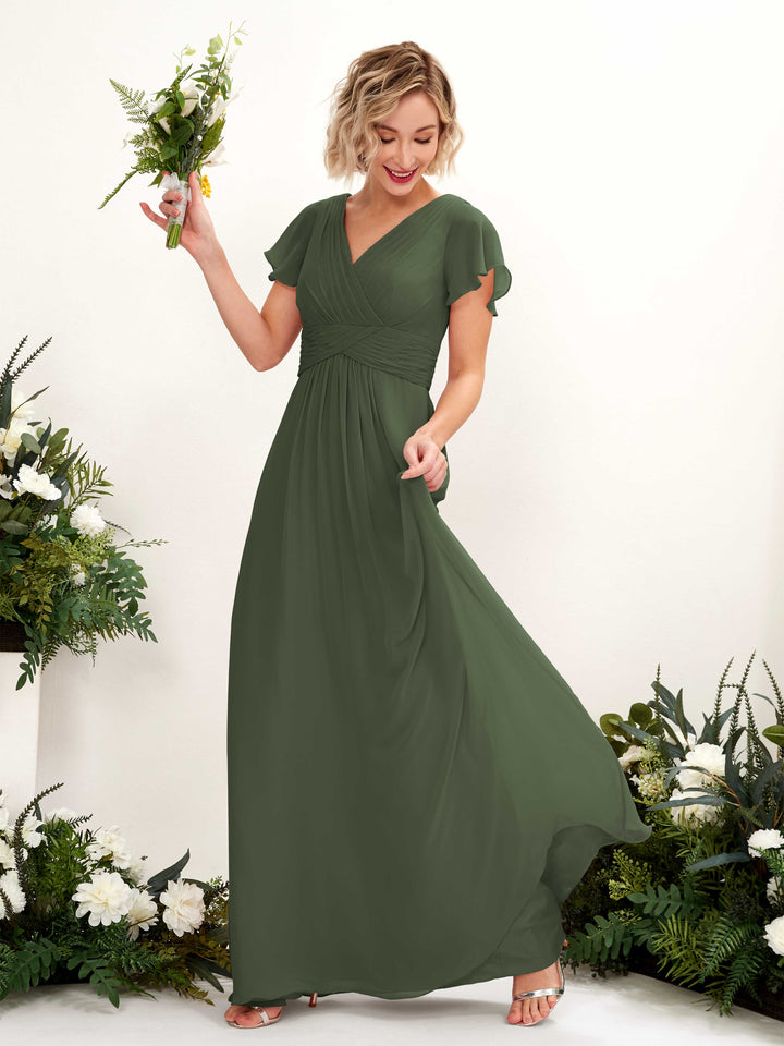 Martini Olive Bridesmaid Dresses Bridesmaid Dress A-line Chiffon V-neck Full Length Short Sleeves Wedding Party Dress (81224307)
