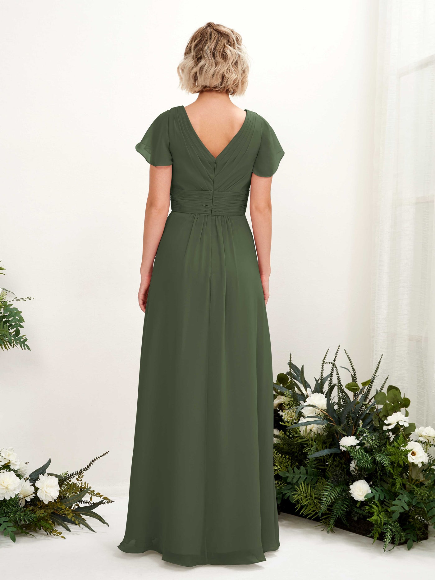 Martini Olive Bridesmaid Dresses Bridesmaid Dress A-line Chiffon V-neck Full Length Short Sleeves Wedding Party Dress (81224307)#color_martini-olive