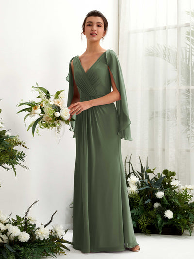 Martini Olive Bridesmaid Dresses Bridesmaid Dress A-line Chiffon Straps Full Length Long Sleeves Wedding Party Dress (80220107)#color_martini-olive