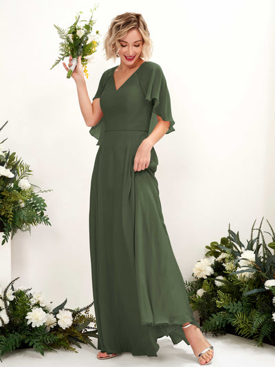 Carlyna Winnie A-Line Martini Olive Bridesmaid Dress Maxi Short Sleeve V-Neck Dress Front View #color_martini-olive
