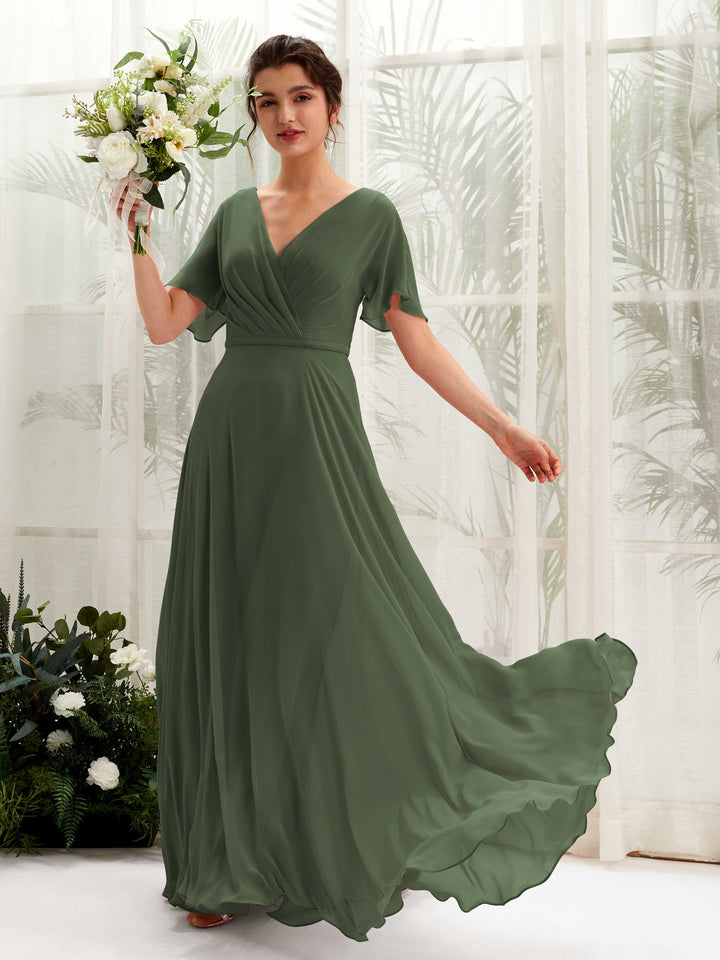 Martini Olive Bridesmaid Dresses Bridesmaid Dress A-line Chiffon V-neck Full Length Short Sleeves Wedding Party Dress (81224607)