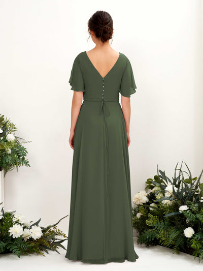 Carlyna Daphne A-Line Martini Olive Bridesmaid Dress Maxi Short Sleeve V-Neck Dress Back View #color_martini-olive
