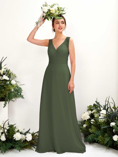 Carlyna Karen A-Line Martini Olive Bridesmaid Dress Maxi Sleeveless V-Neck Dress Front View #color_martini-olive
