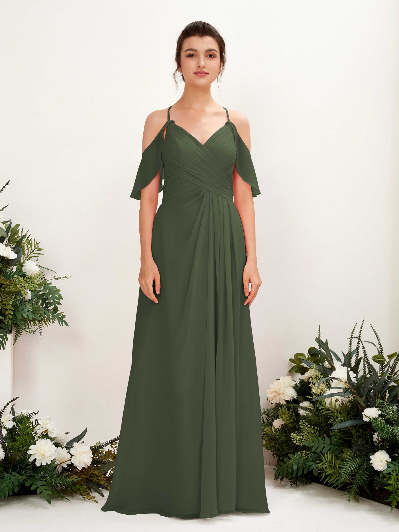 Ball Gown Off Shoulder Spaghetti-straps Chiffon Bridesmaid Dress - Martini Olive (81221707)#color_martini-olive