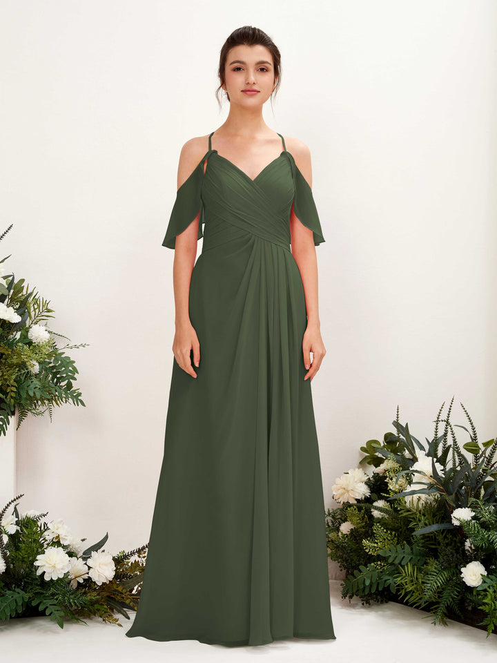 Ball Gown Off Shoulder Spaghetti-straps Chiffon Bridesmaid Dress - Martini Olive (81221707)