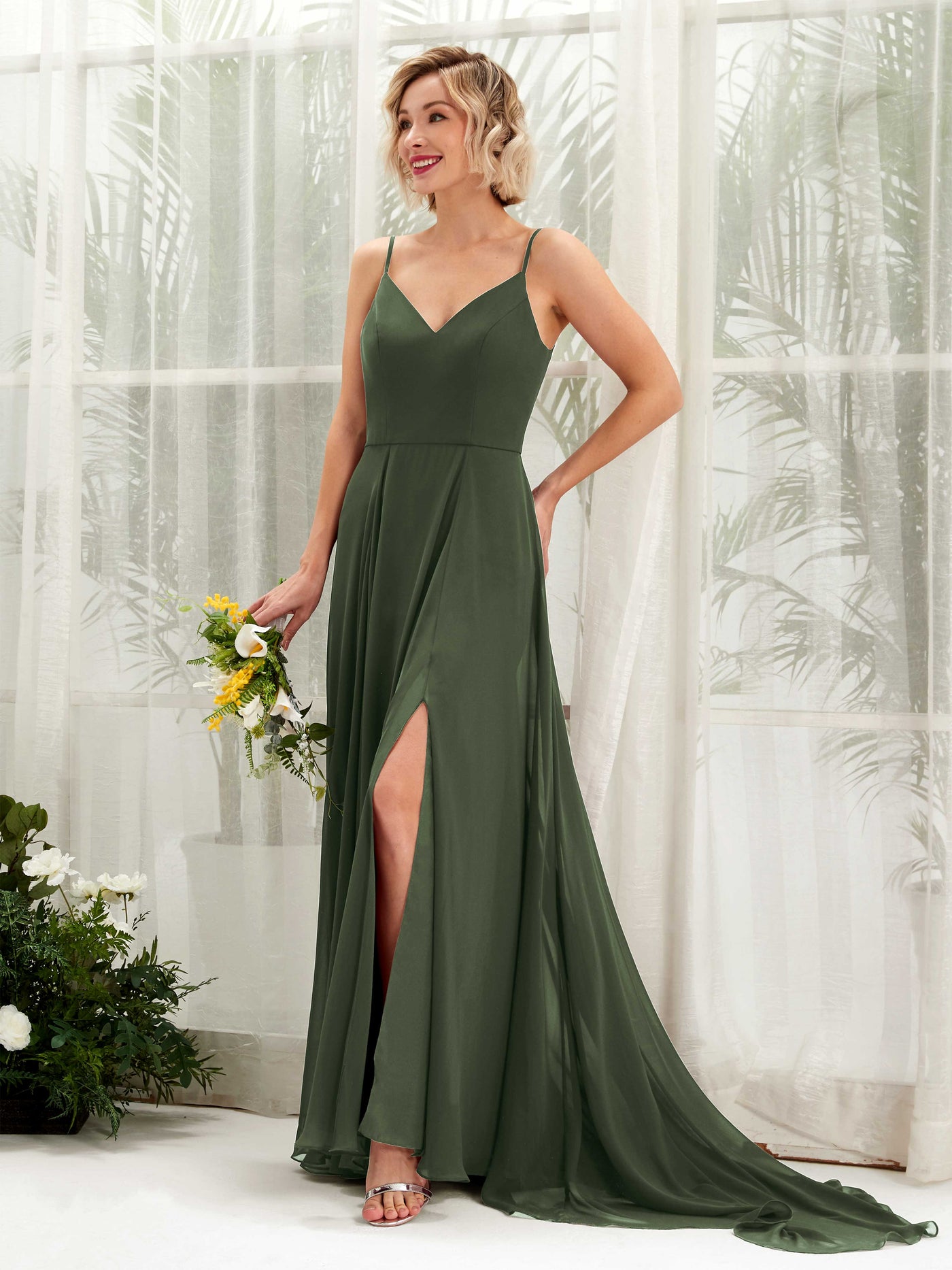 Martini Olive Bridesmaid Dresses Bridesmaid Dress A-line Chiffon V-neck Full Length Sleeveless Wedding Party Dress (81224107)#color_martini-olive