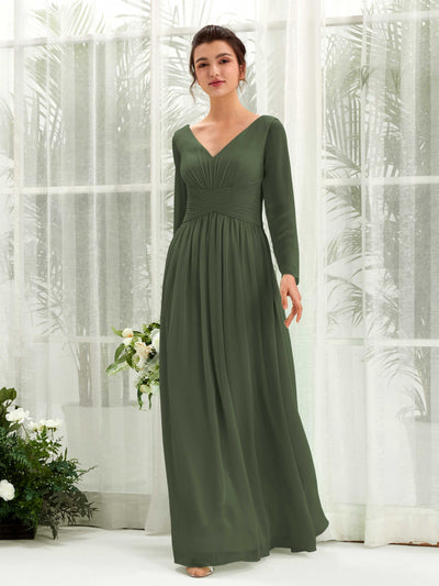 Martini Olive Bridesmaid Dresses Bridesmaid Dress A-line Chiffon V-neck Full Length Long Sleeves Wedding Party Dress (81220307)#color_martini-olive