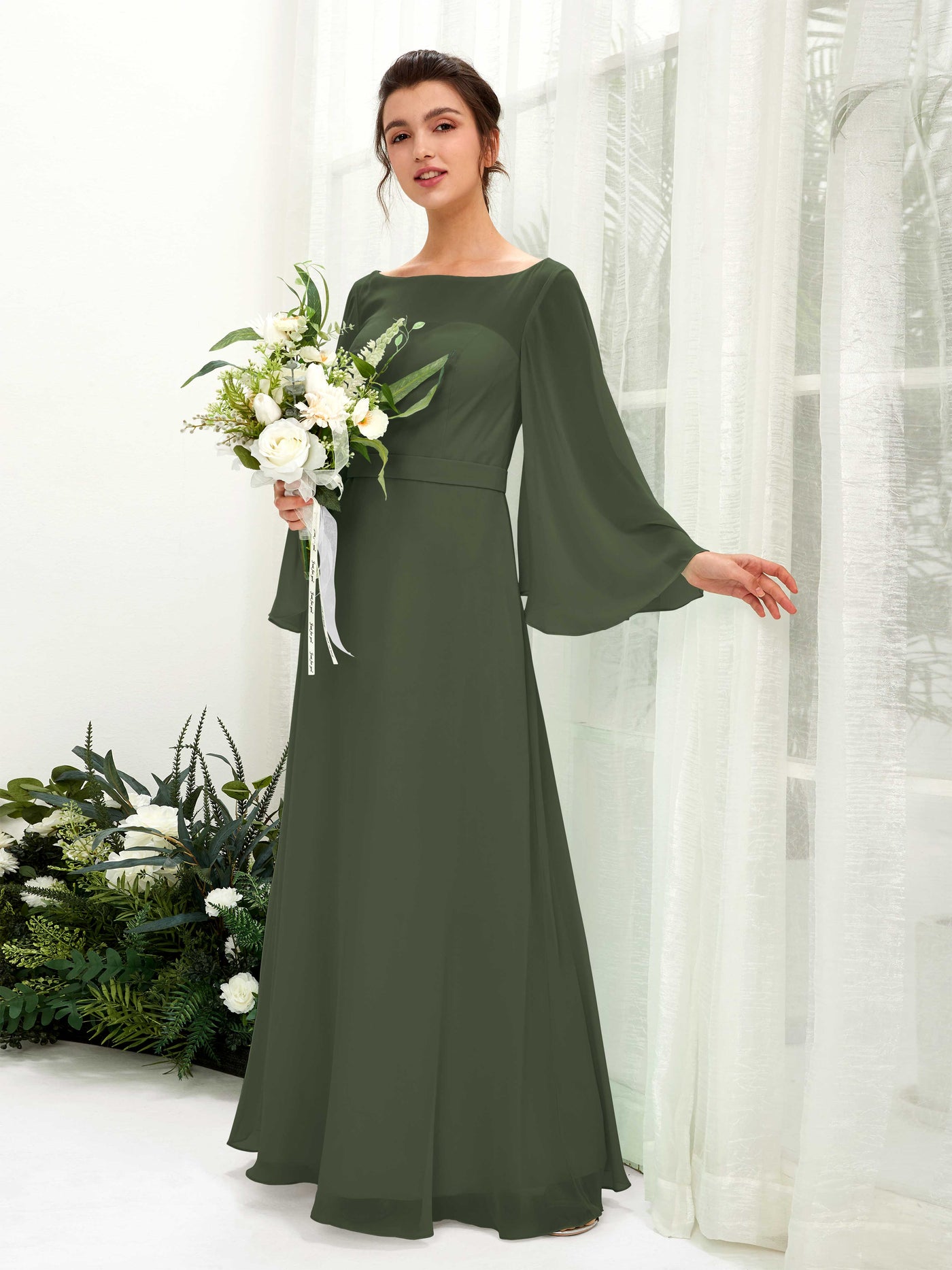 Martini Olive Bridesmaid Dresses Bridesmaid Dress A-line Chiffon Bateau Full Length Long Sleeves Wedding Party Dress (81220507)#color_martini-olive