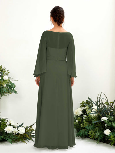 Carlyna Elie A-Line Martini Olive Bridesmaid Dress Maxi Long Sleeve Boat Neck Back View #color_martini-olive