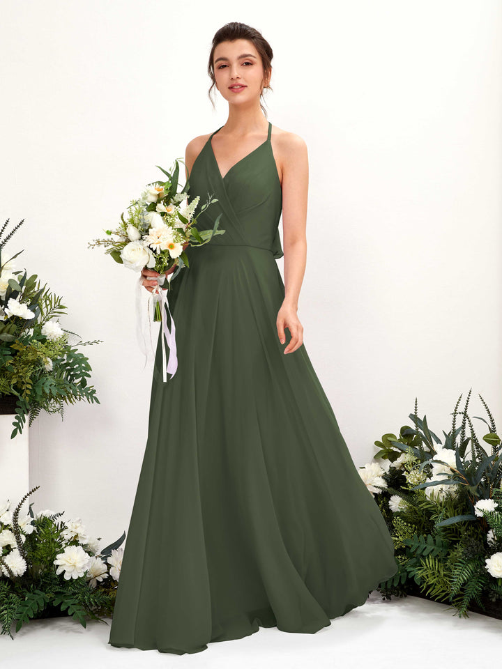 Halter V-neck Sleeveless Chiffon Bridesmaid Dress - Martini Olive (81221007)