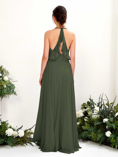 Carlyna Launo A-Line Martini Olive Bridesmaid Dress Maxi Sleeveless V-Neck Dress Back View #color_martini-olive