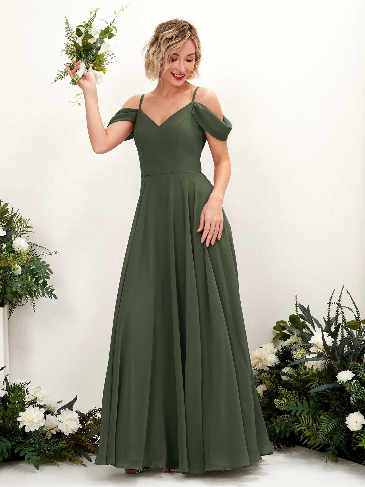 Martini Olive Bridesmaid Dresses Bridesmaid Dress A-line Chiffon Off Shoulder Full Length Sleeveless Wedding Party Dress (81224907)#color_martini-olive