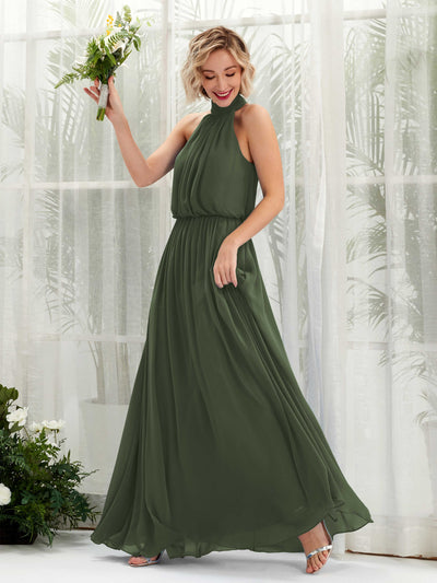 Carlyna Bess A-Line Martini Olive Bridesmaid Dress Maxi Sleeveless Halter Dress Front View #color_martini-olive