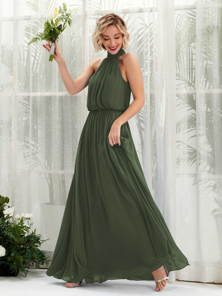 Martini Olive Bridesmaid Dresses Bridesmaid Dress A-line Chiffon Halter Full Length Sleeveless Wedding Party Dress (81222907)