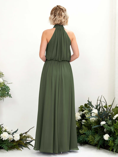Carlyna Bess A-Line Martini Olive Bridesmaid Dress Maxi Sleeveless Halter Dress Back View #color_martini-olive