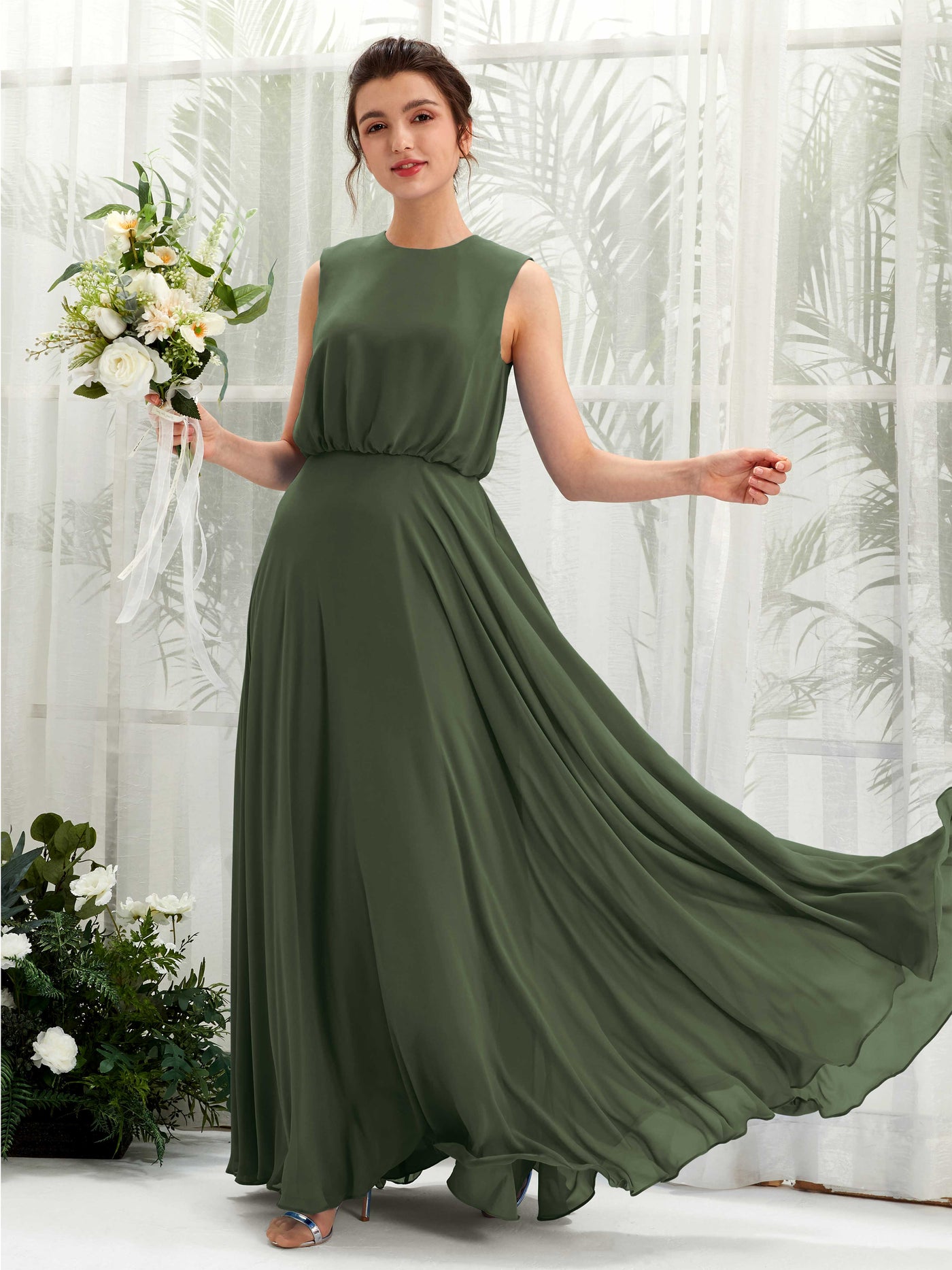 Martini Olive Bridesmaid Dresses Bridesmaid Dress A-line Chiffon Round Full Length Sleeveless Wedding Party Dress (81222807)#color_martini-olive