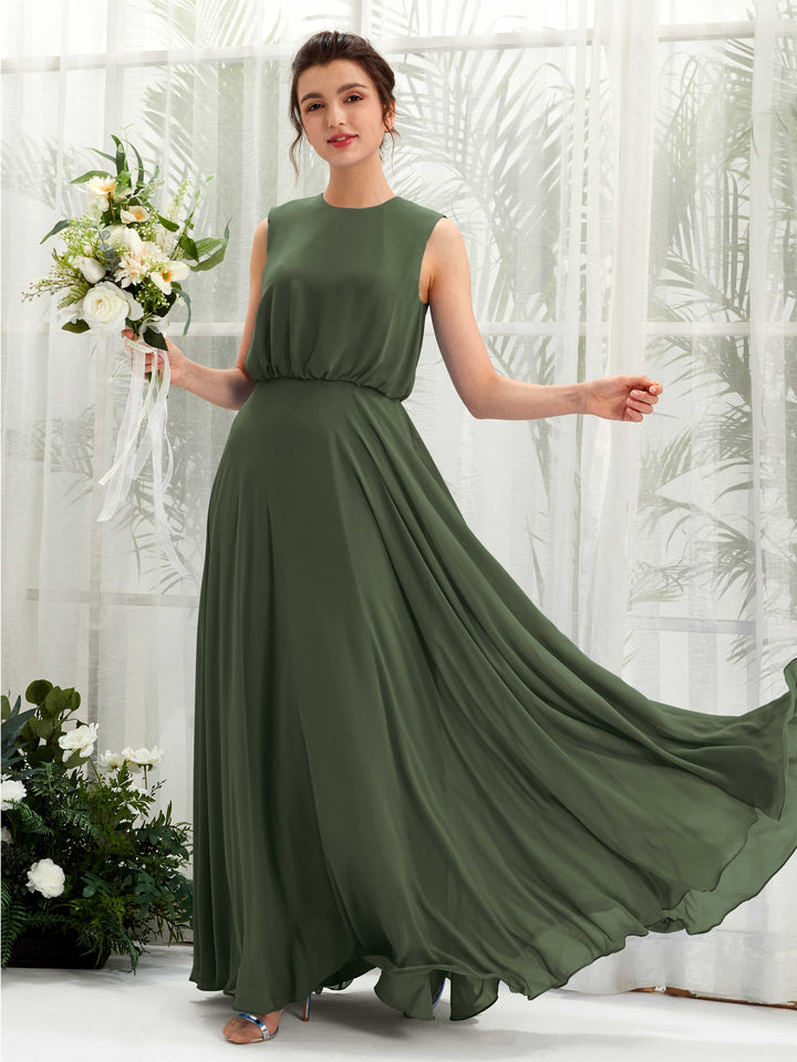 Martini Olive Bridesmaid Dresses Bridesmaid Dress A-line Chiffon Round Full Length Sleeveless Wedding Party Dress (81222807)