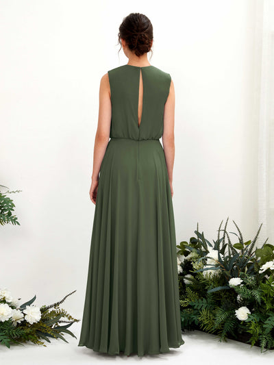 Carlyna Alma A-Line Martini Olive Bridesmaid Dress Maxi Sleeveless Round Neck Dress Back View #color_martini-olive