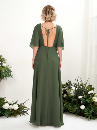 Carlyna Dhea A-Line Martini Olive Bridesmaid Dress Maxi Short Sleeve V-Neck Dress Back View #color_martini-olive