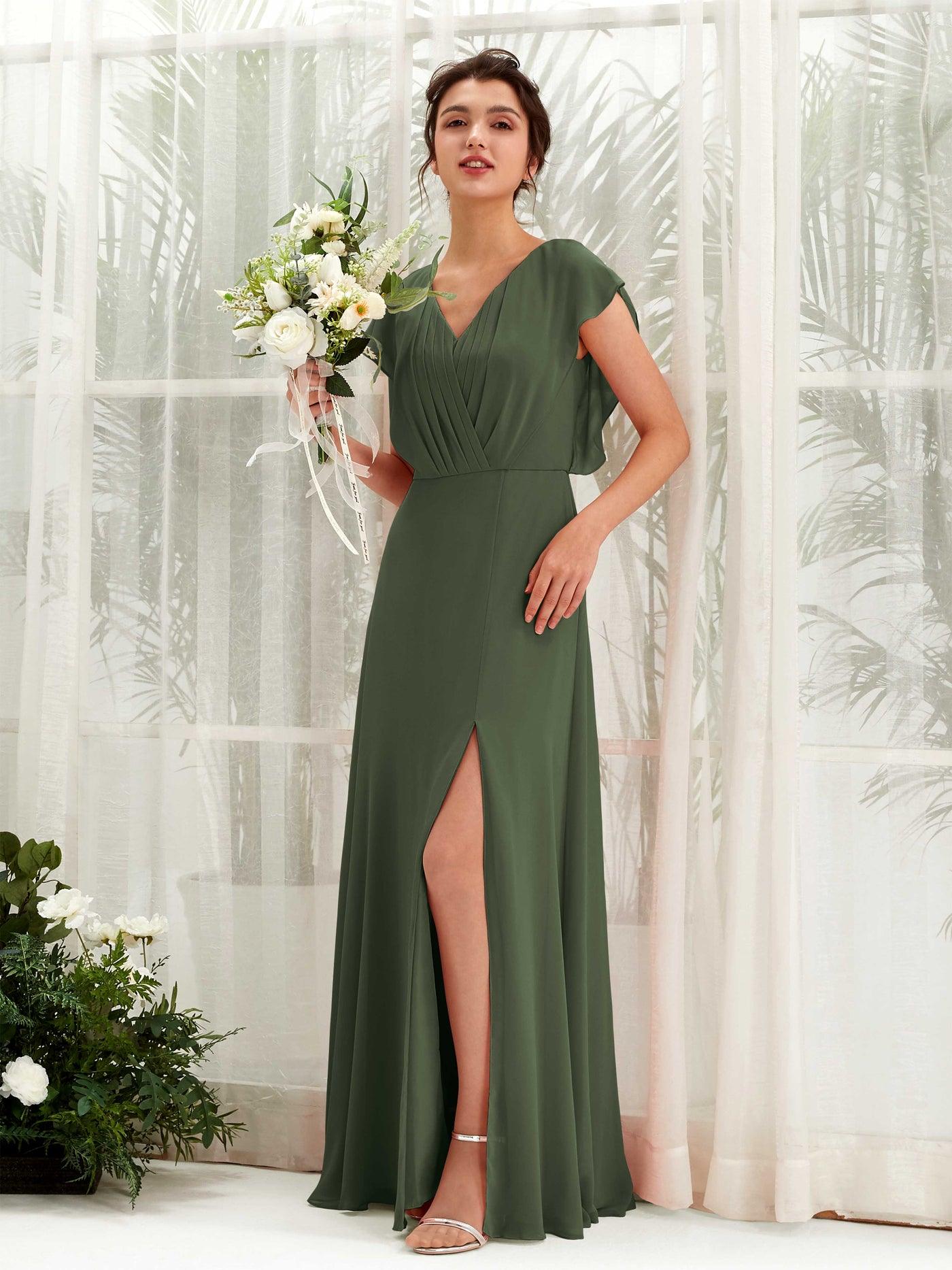 Martini Olive Bridesmaid Dresses Bridesmaid Dress A-line Chiffon V-neck Full Length Short Sleeves Wedding Party Dress (81225607)#color_martini-olive