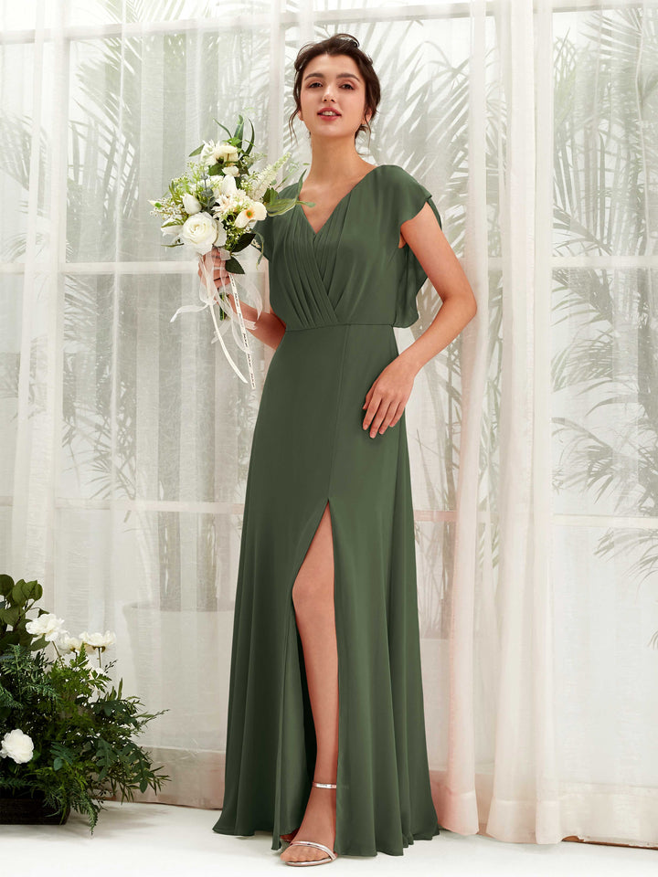Martini Olive Bridesmaid Dresses Bridesmaid Dress A-line Chiffon V-neck Full Length Short Sleeves Wedding Party Dress (81225607)