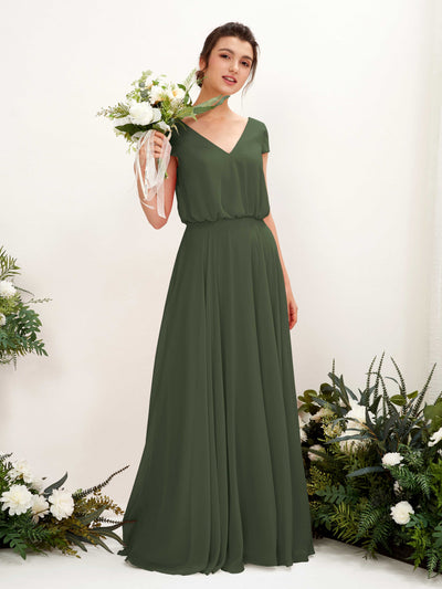 Martini Olive Bridesmaid Dresses Bridesmaid Dress A-line Chiffon V-neck Full Length Short Sleeves Wedding Party Dress (81221807)#color_martini-olive