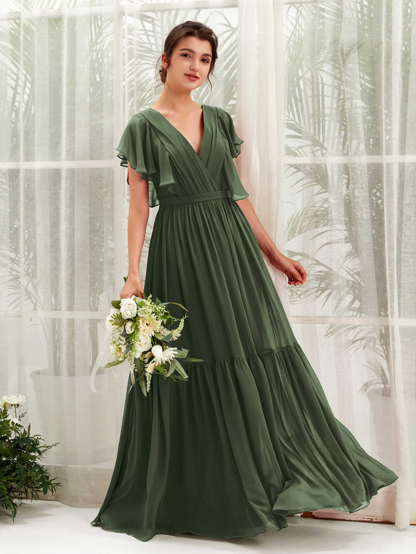 Rust Chiffon Bridesmaid Dress A-Line Maxi Flutter Sleeve V-Neck