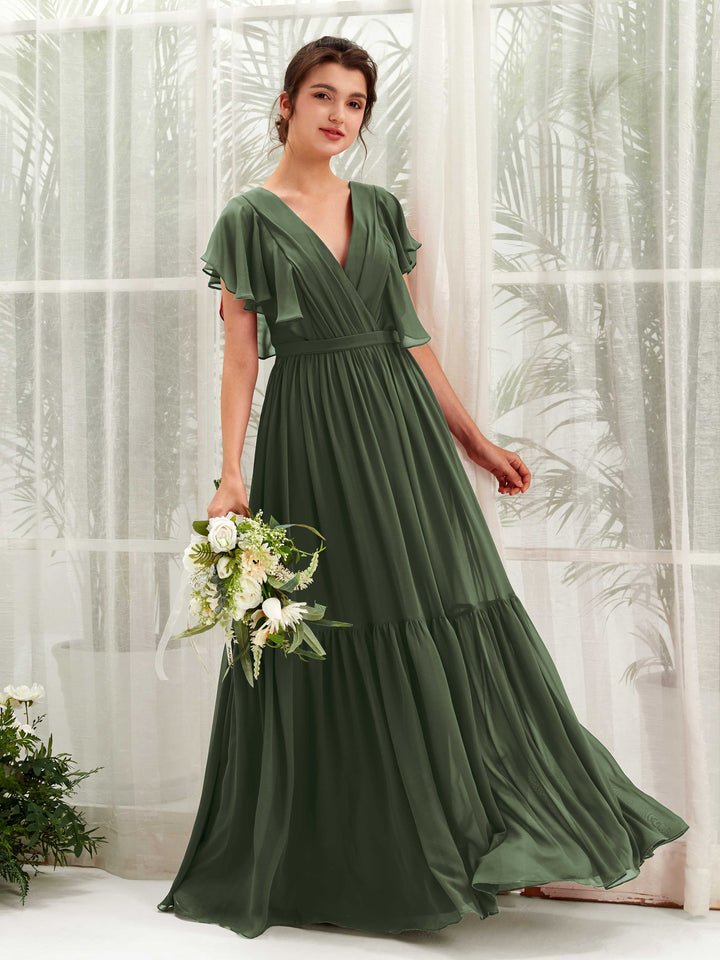 Martini Olive Bridesmaid Dresses Bridesmaid Dress A-line Chiffon V-neck Full Length Short Sleeves Wedding Party Dress (81225907)