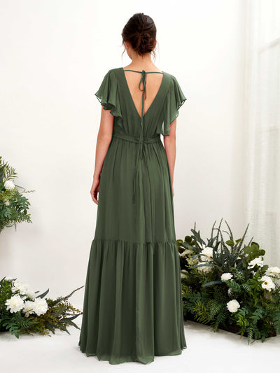 Carlyna Chaya A-Line Martini Olive Bridesmaid Dress Maxi Cap Sleeve V-Neck Dress Back View #color_martini-olive